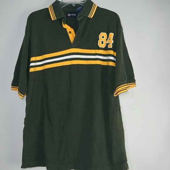 Faded Glory Polo Shirt Men's M Green with Yellow White Stripe #84 on Chest - Picture 4 of 8